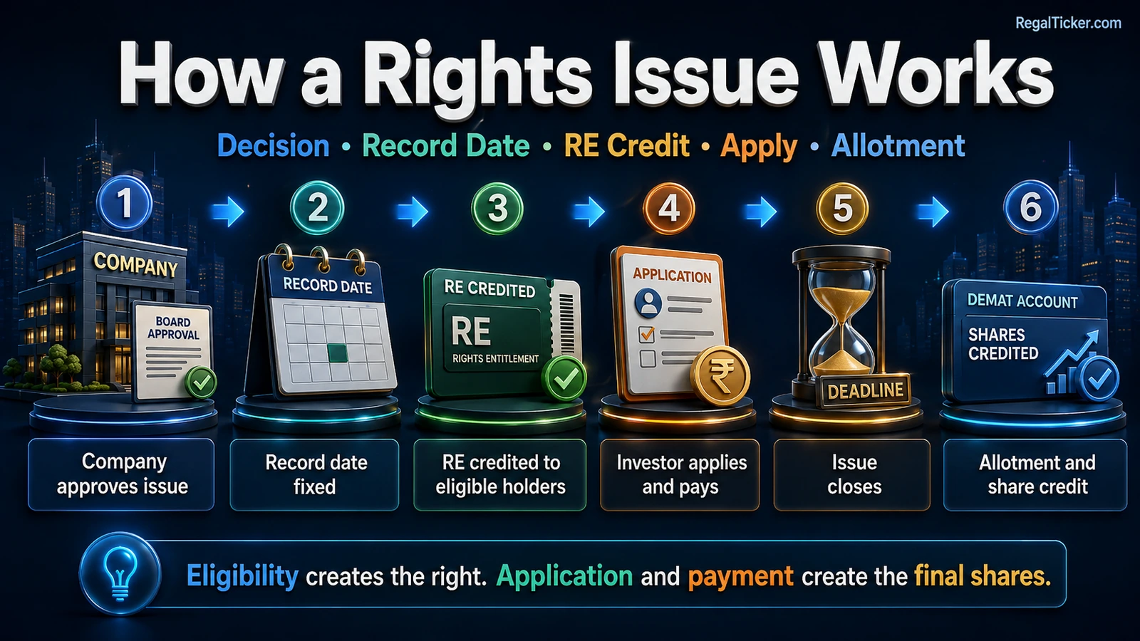 Rights issue process from company approval and record date to Rights Entitlement credit, investor application and payment, issue close, allotment and Demat share credit