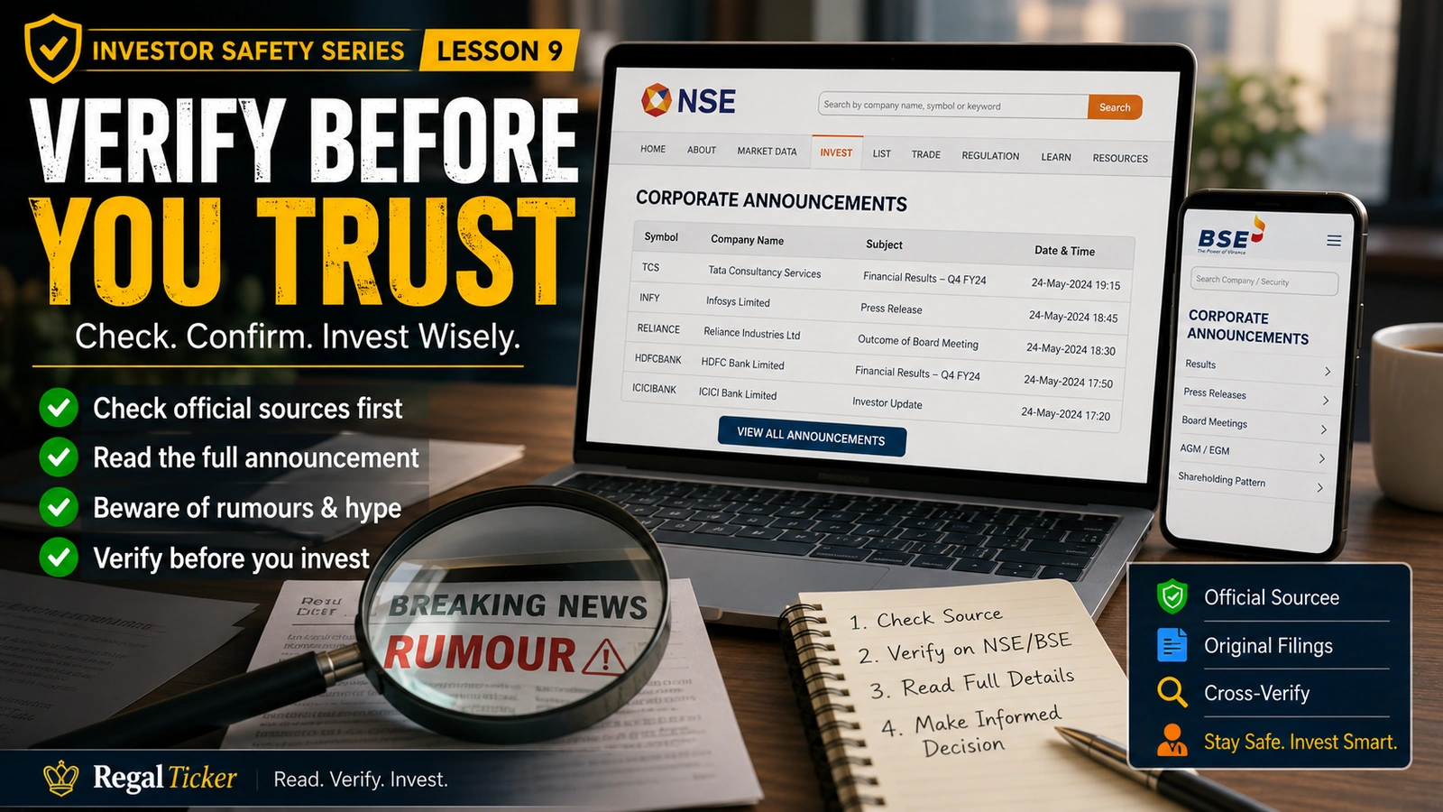 Investor comparing official exchange filings, company investor relations, regulator notices, financial news and social-media posts