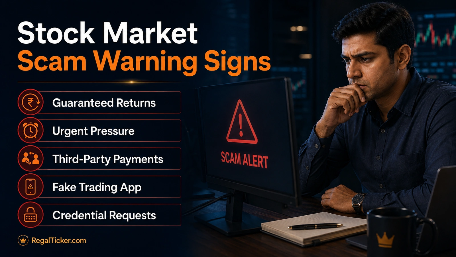 Stock market scam warning signs including guaranteed returns, unregistered advisers, pressure tactics and third-party payments.