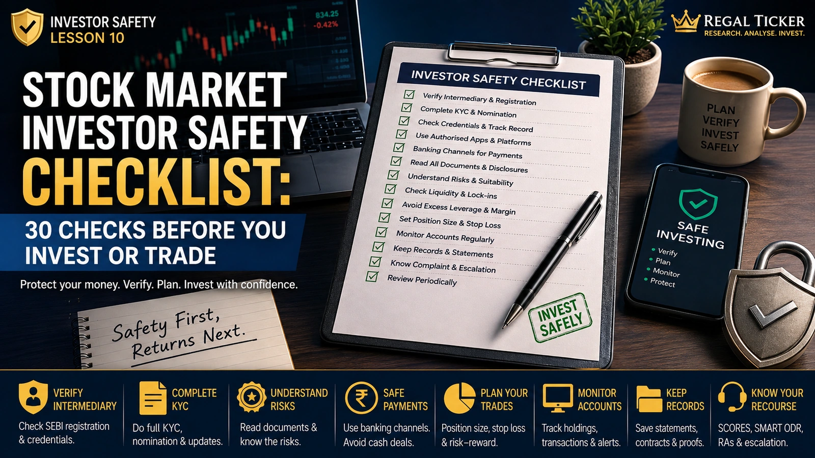 Investor checking broker identity, bank beneficiary, website, mobile app, password request and guaranteed-return claim before transferring money