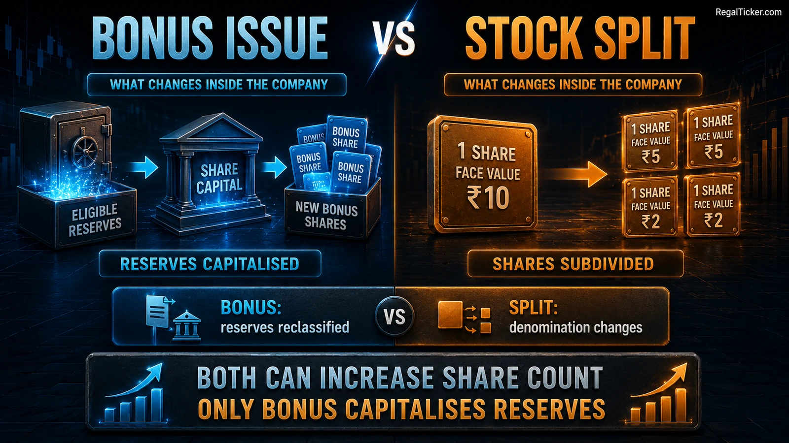 Bonus issue balance-sheet mechanism showing reserves capitalised into share capital compared with stock split subdivision of existing share capital into smaller face-value shares