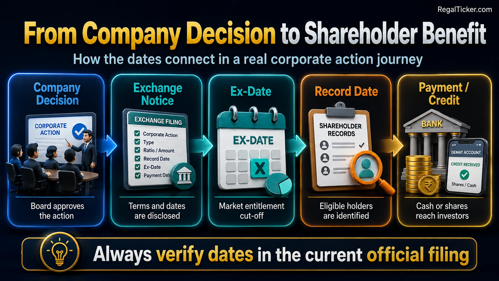 Corporate action journey from company decision and exchange notice through ex-date and record date to payment or share credit