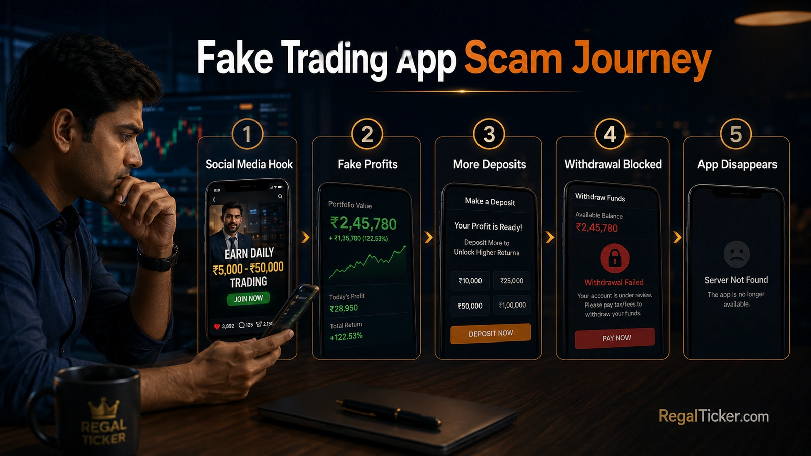 Fake trading app scam progressing from social-media contact and displayed profits to increased deposits and blocked withdrawals.