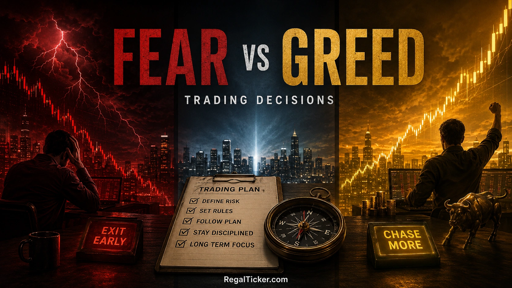 Fear and greed compared through early exits missed trades chasing price oversized positions and rule-based planning