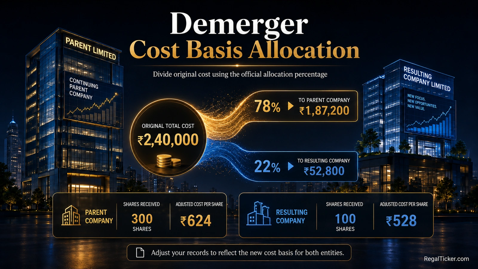 Original investment cost divided between the demerged company and resulting company using the official allocation percentage.