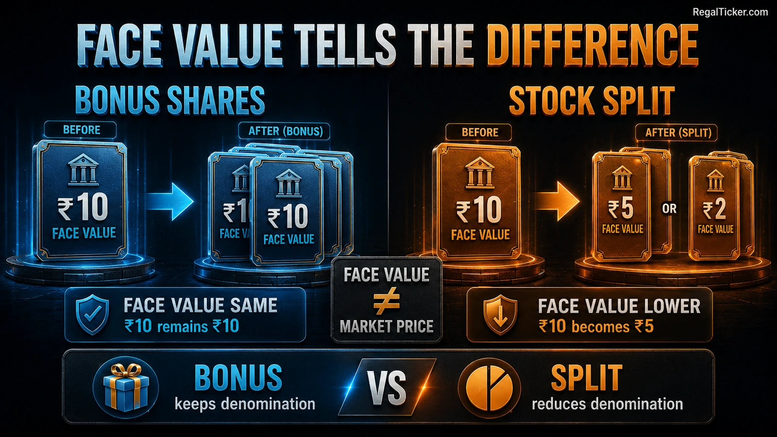 Face value comparison showing bonus shares keeping the same face value while a stock split reduces face value in the announced ratio