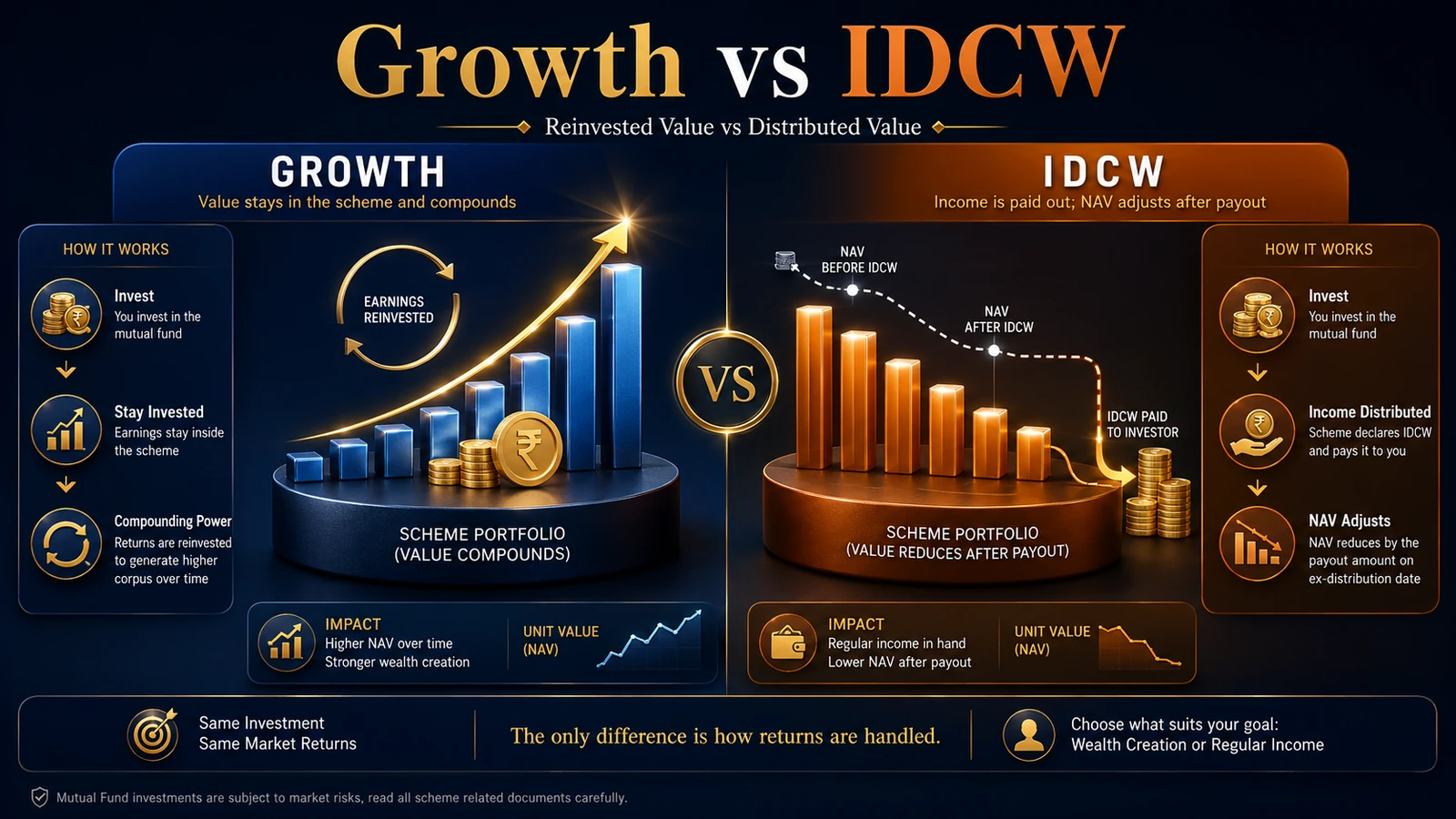 Growth and IDCW mutual fund options showing reinvestment and NAV adjustment after distribution