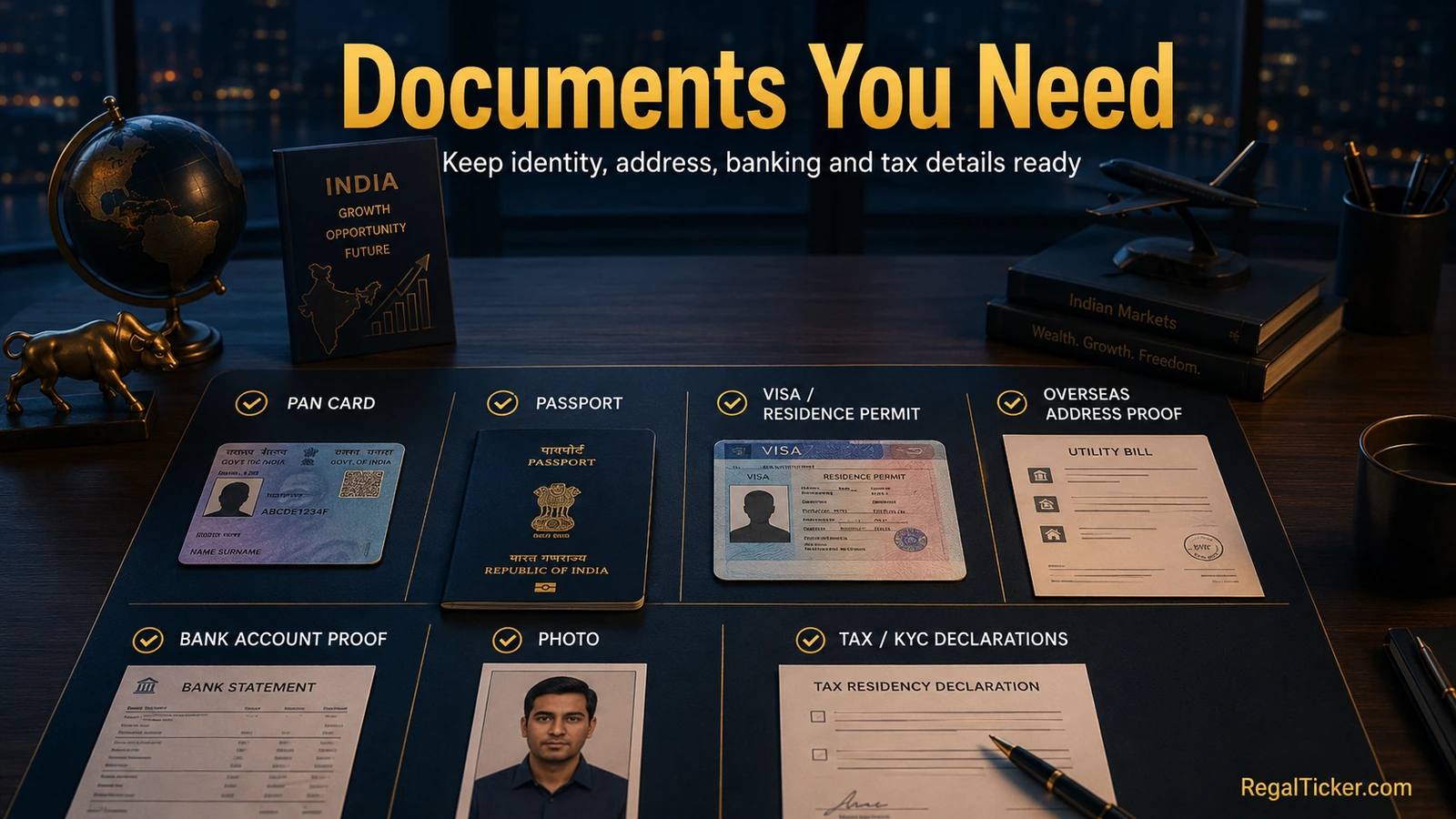 Checklist of PAN, passport, visa, overseas address proof, bank proof and KYC documents for an NRI Demat account