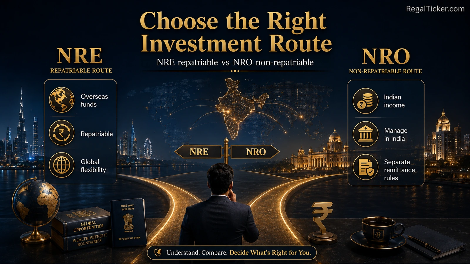 NRI investor choosing between NRE repatriable and NRO non-repatriable investment routes in India