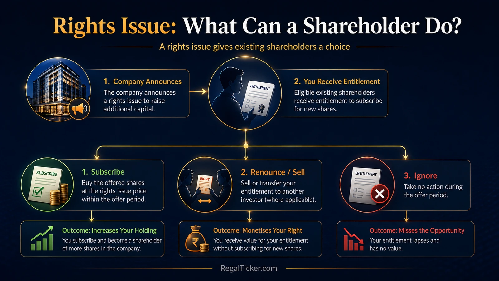Rights issue example showing the shareholder choices to subscribe, sell or renounce the entitlement where permitted, or take no action