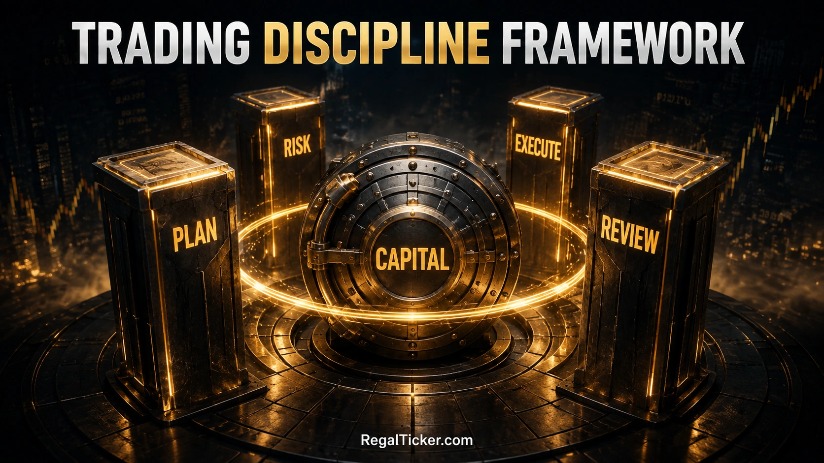 Trading discipline framework showing plan risk execute and review around a protected capital core