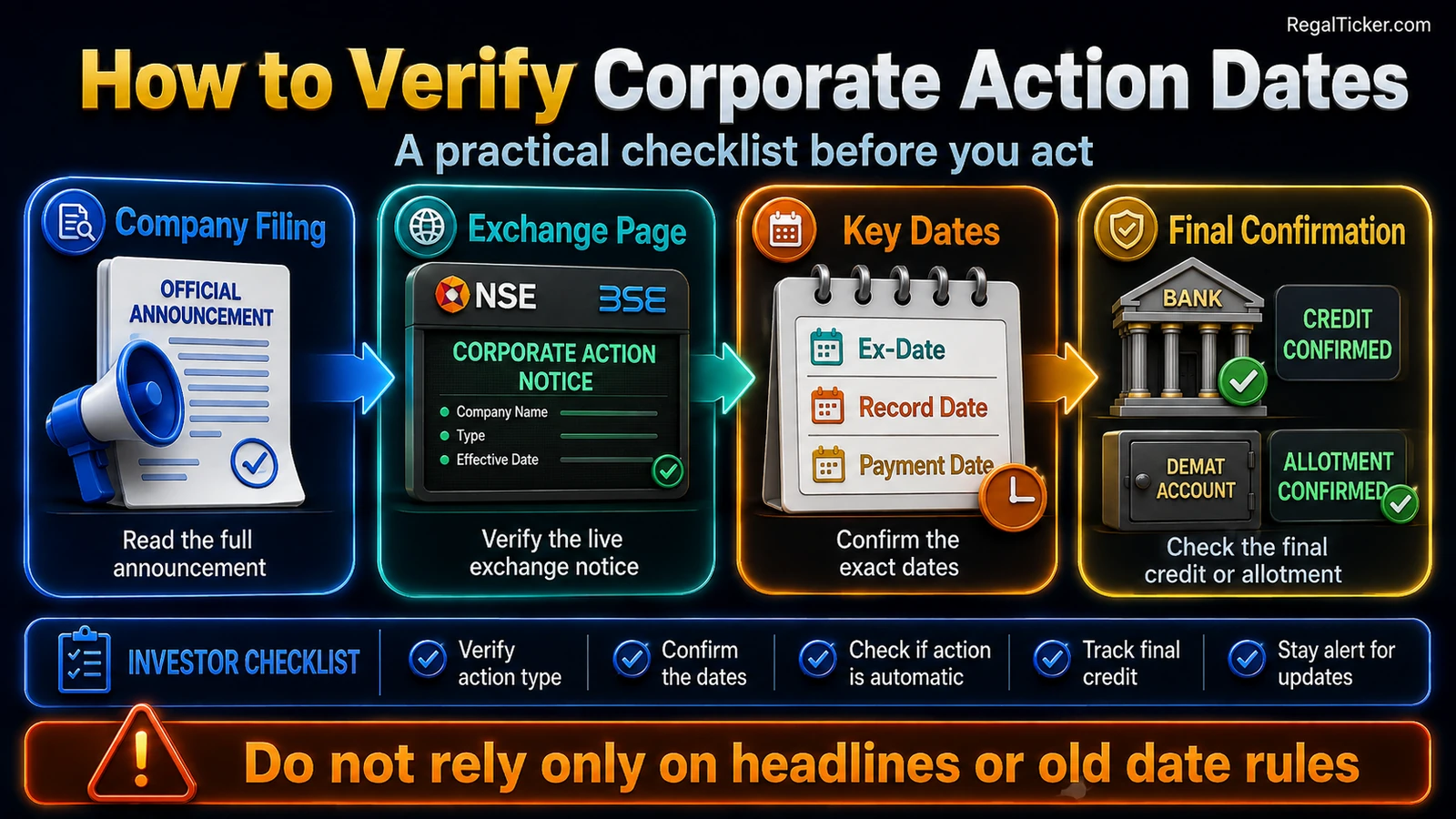 How to verify corporate action dates using the company filing, NSE or BSE notice, exact dates and final bank or Demat confirmation