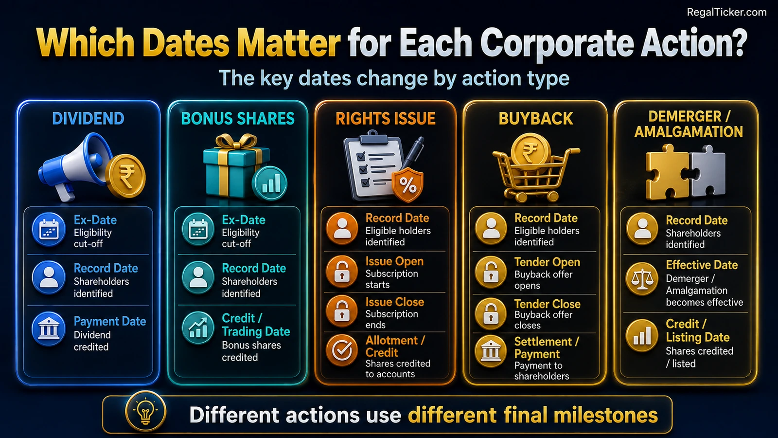 Which dates matter for dividend, bonus shares, rights issue, buyback and demerger or amalgamation corporate actions