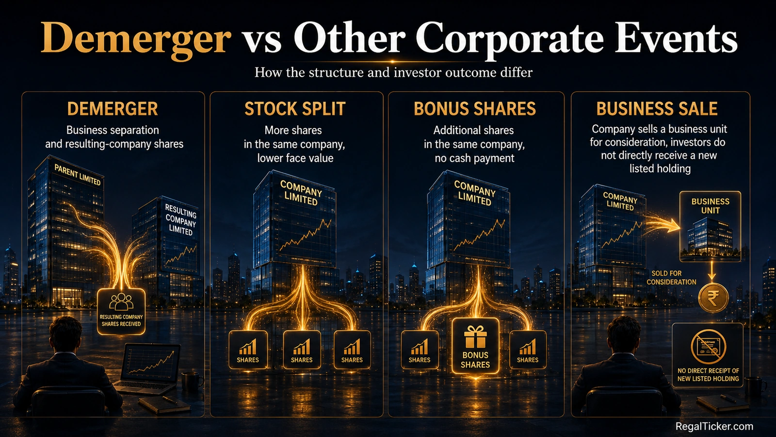 Demerger compared with stock split, bonus shares and business sale by structure, share entitlement, cash flow and investor impact.