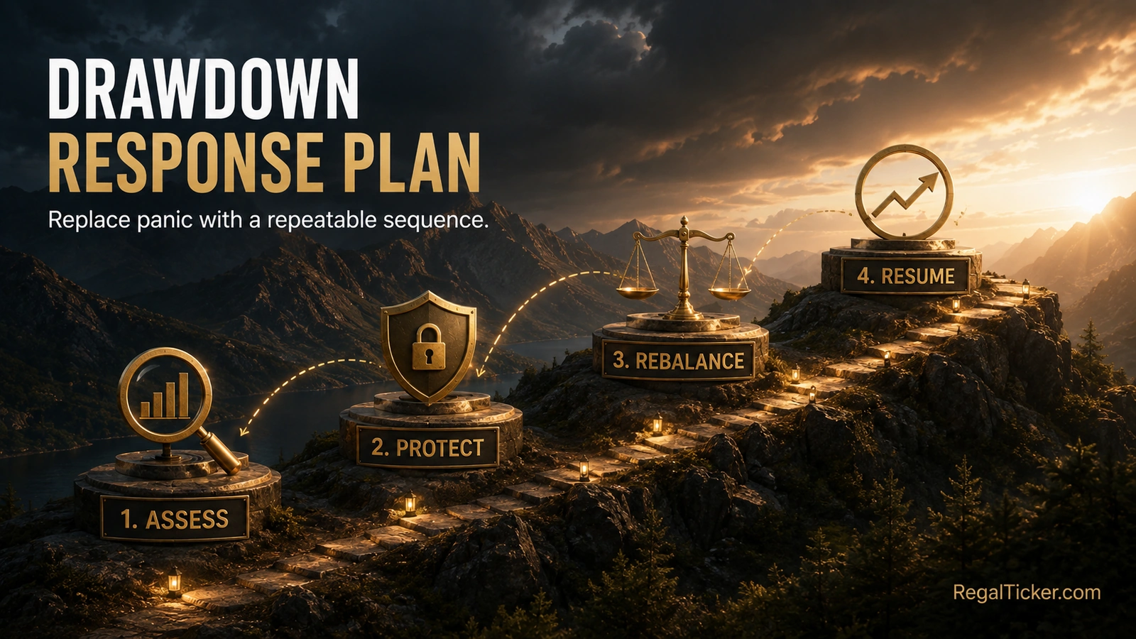 Portfolio drawdown response plan showing assess protect rebalance and resume steps