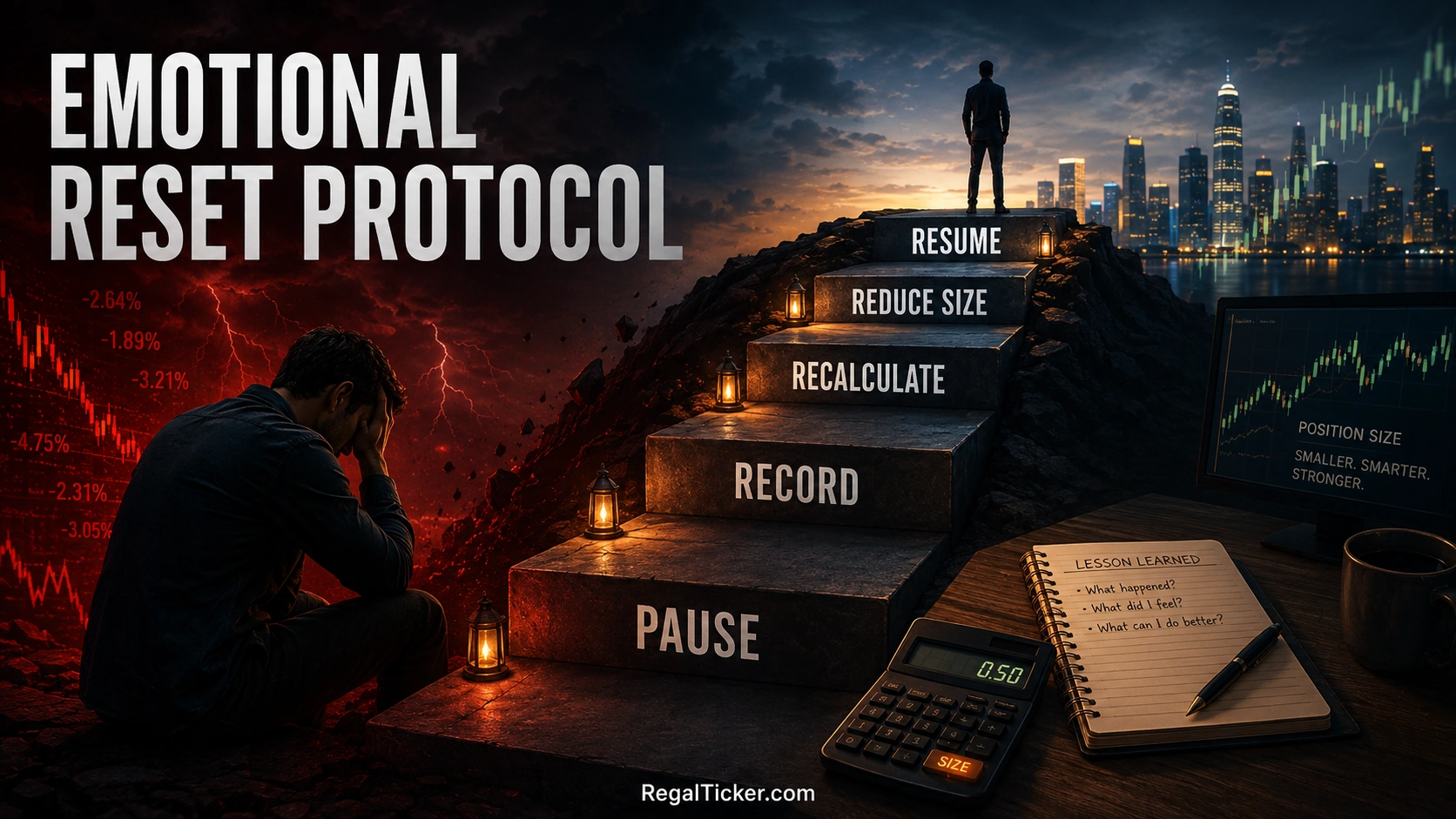 Emotional reset protocol showing pause record recalculate reduce size and resume after a trading loss