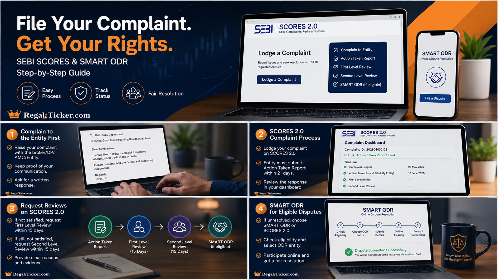 Investor complaint checklist covering correct entity, written complaint, evidence, financial impact, timelines, tracking and escalation
