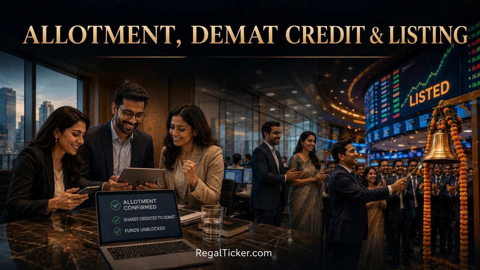 IPO allotment process followed by demat share credit fund release and listing on NSE or BSE
