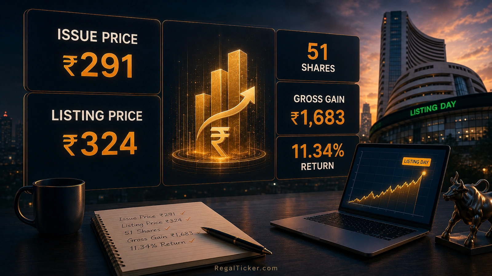IPO application example comparing issue price application amount listing price gross return and costs