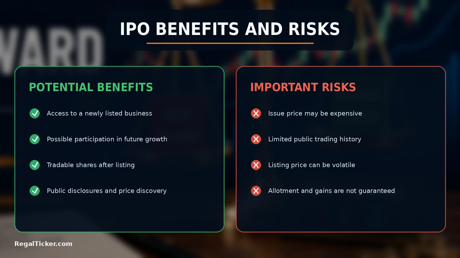 Benefits and risks of investing in an IPO including growth opportunity valuation and listing volatility