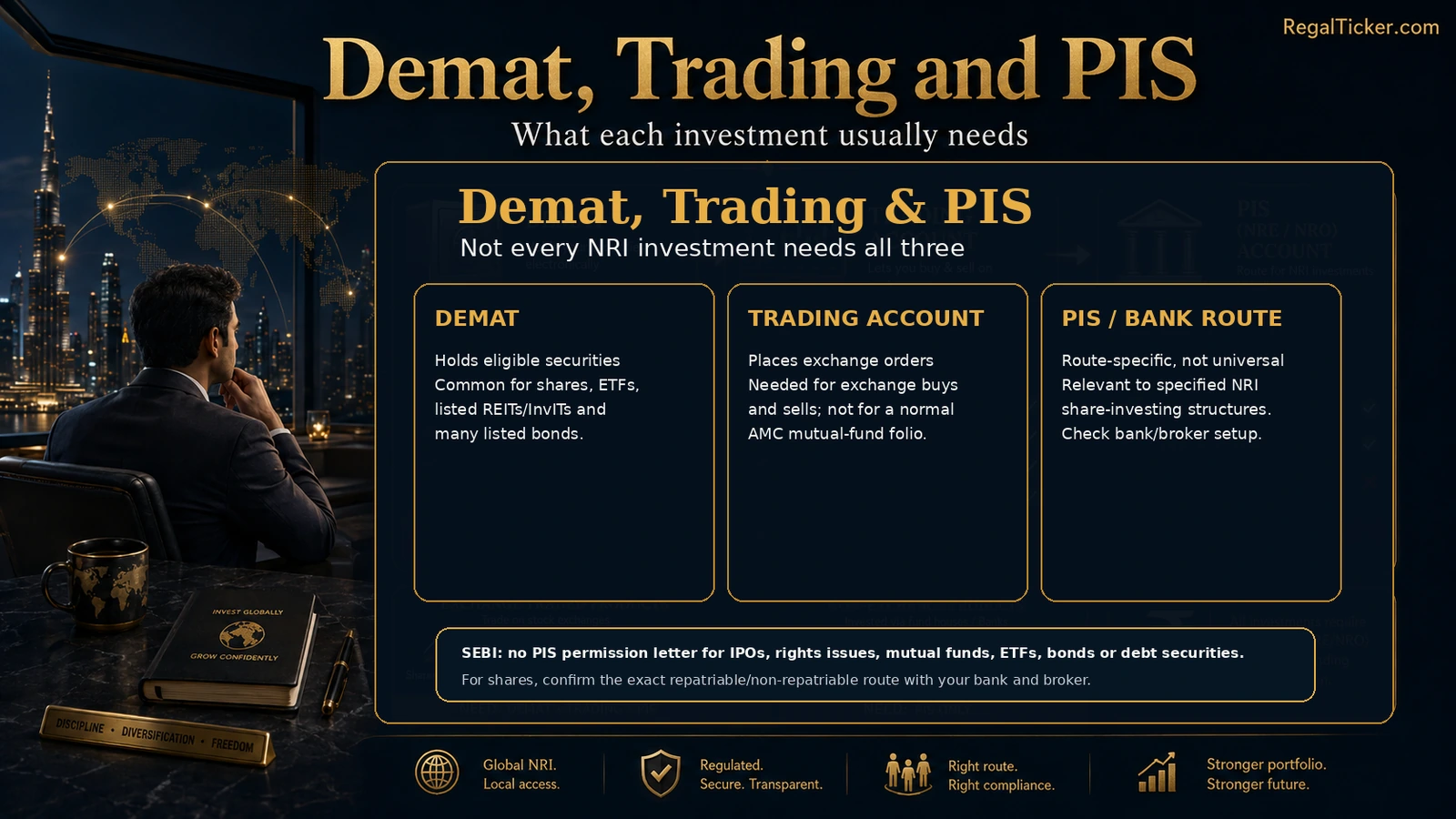 Comparison of Demat, trading account and PIS requirements for common NRI investment options in India