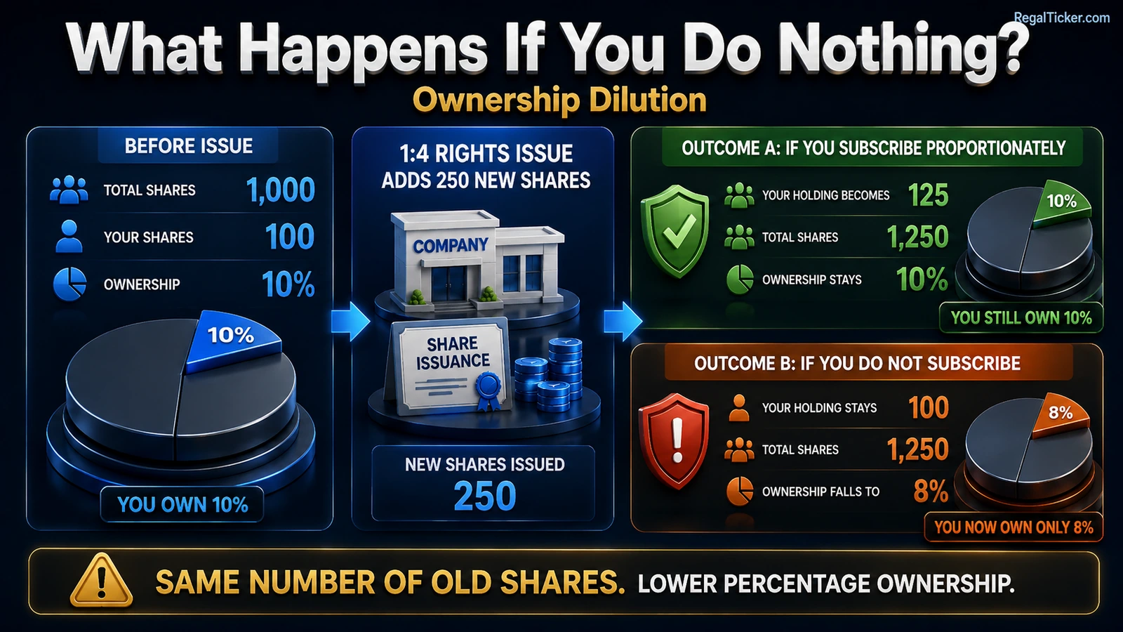 Rights issue dilution example showing 10 percent ownership before a one-for-four issue, 10 percent after proportional subscription and 8 percent after non-participation
