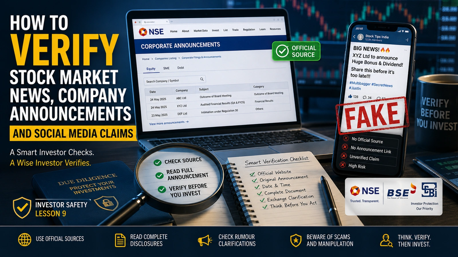 Investor checklist covering source, company identity, exchange filing, timestamp, attachment, financial impact, conditions and social-media authenticity