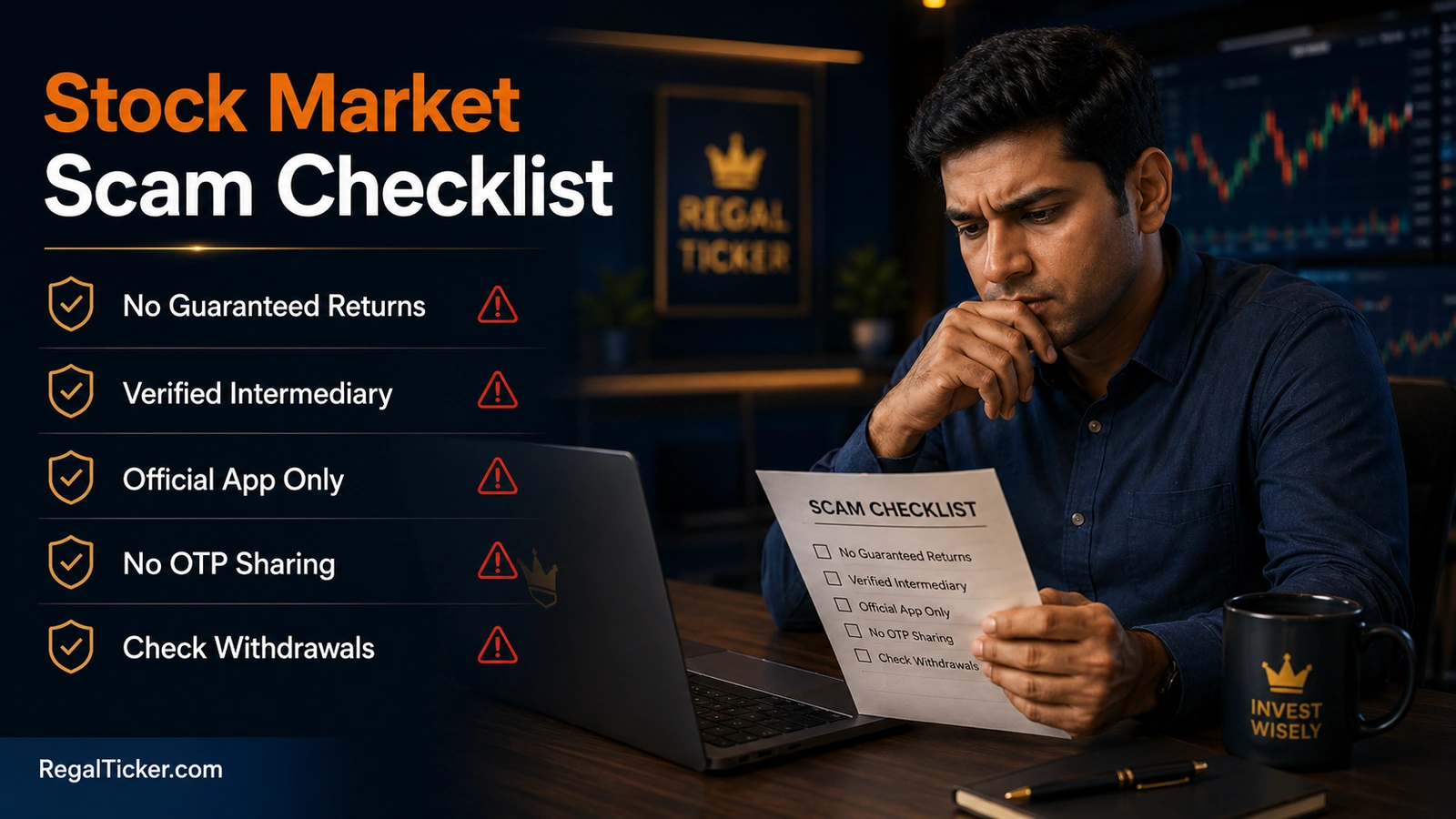 Investor checklist covering guaranteed returns, fake apps, third-party payments, blocked withdrawals and credential requests.