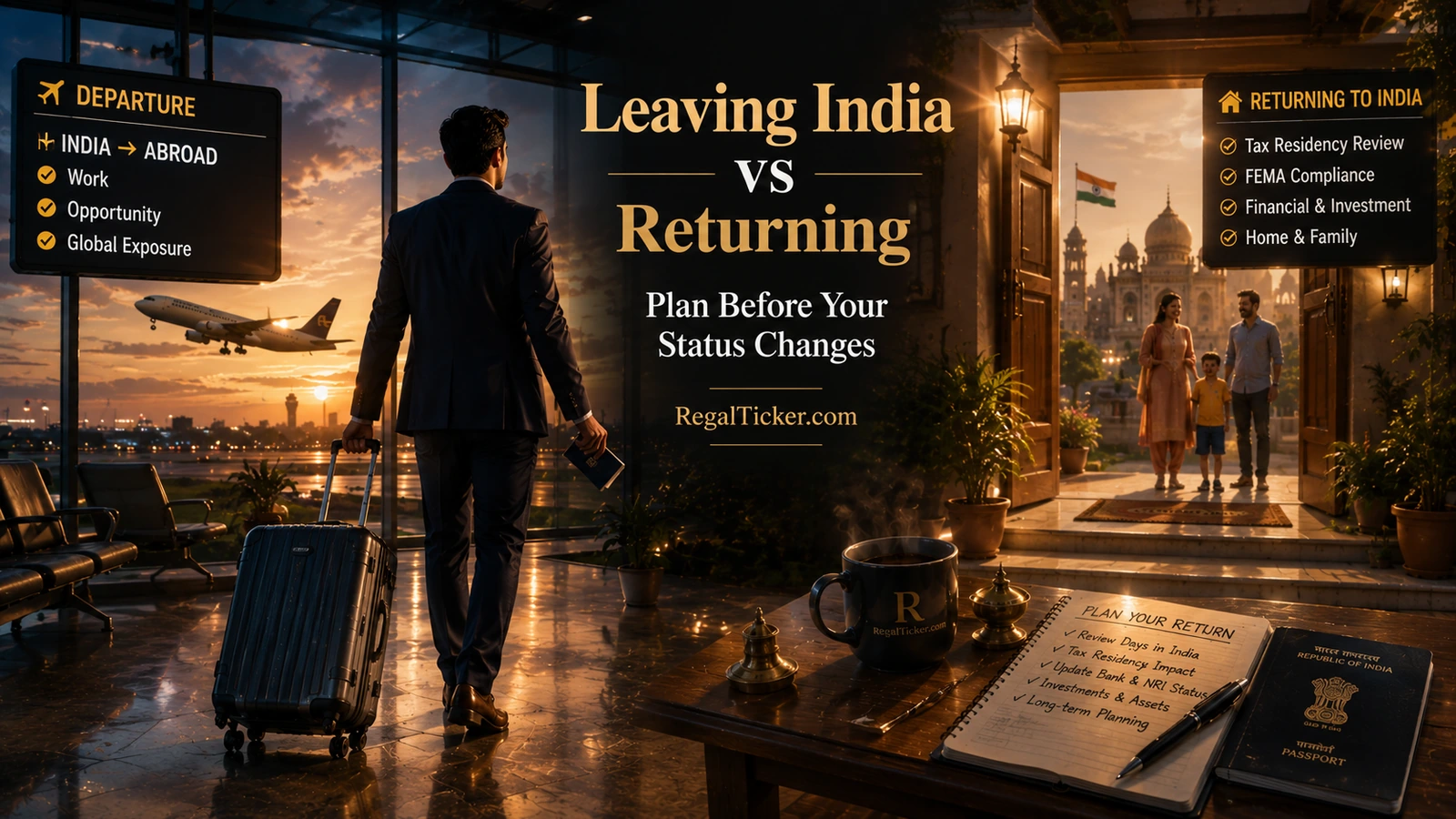 NRI leaving and returning to India timeline showing FEMA banking changes and income tax residency tests