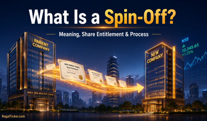Corporate spin-off shown as a parent company separating one business into an independently listed company while eligible shareholders receive new shares.