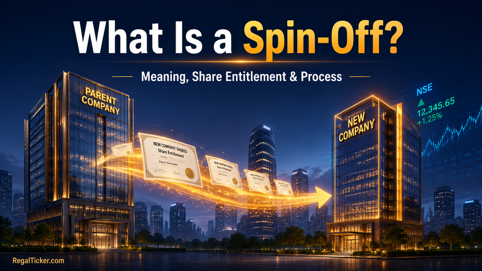 Corporate spin-off shown as a parent company separating one business into an independently listed company while eligible shareholders receive new shares.