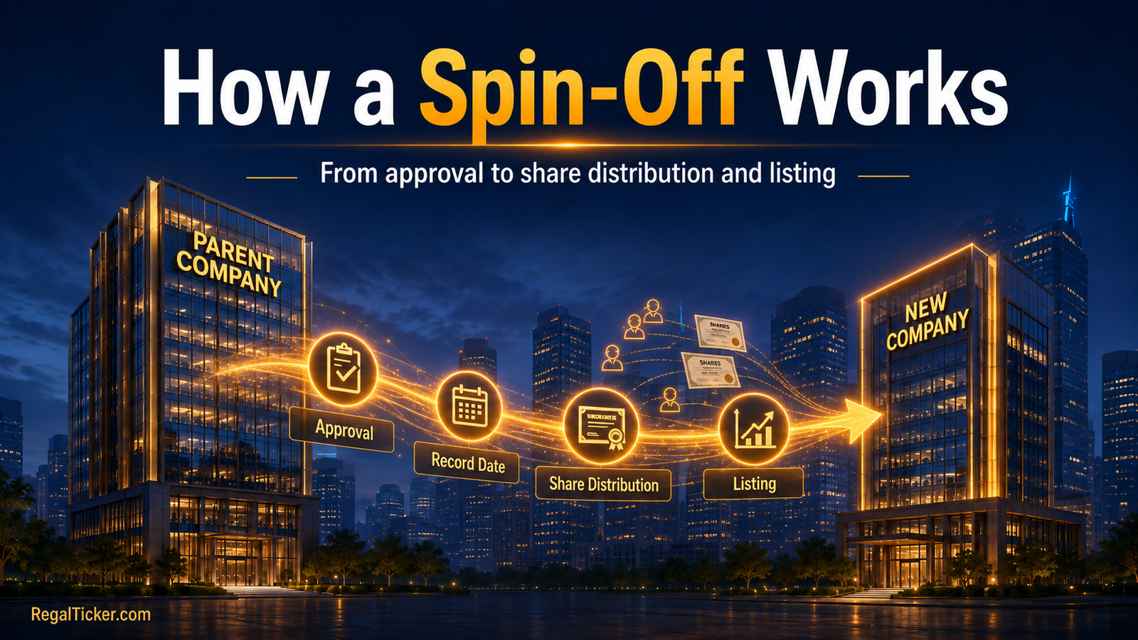 Corporate spin-off process from board-approved separation and scheme review to record date, share distribution, listing and independent trading.