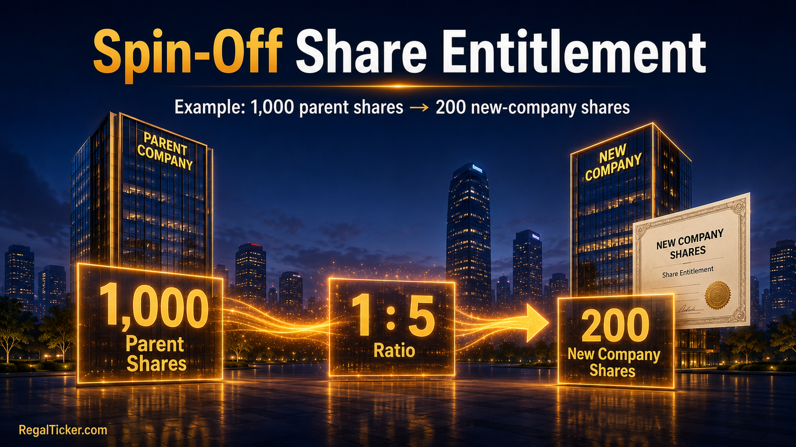 Spin-off entitlement example showing 1,000 parent-company shares and a one-for-five ratio resulting in 200 new-company shares.