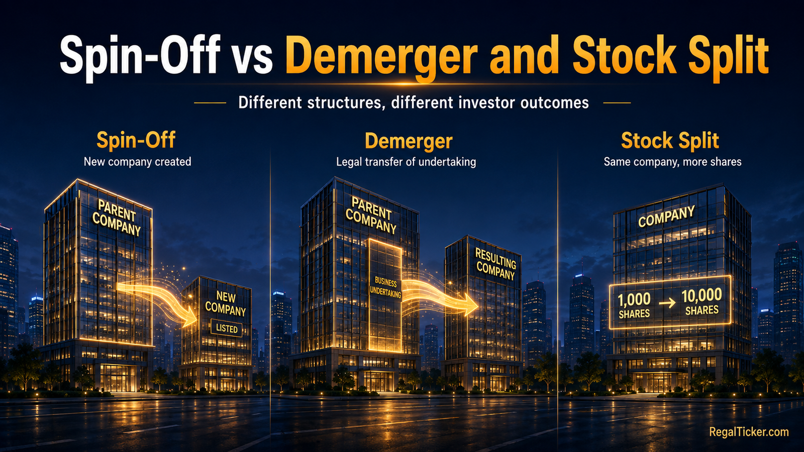 Corporate spin-off compared with demerger, split-off and stock split by structure, ownership and investor action.