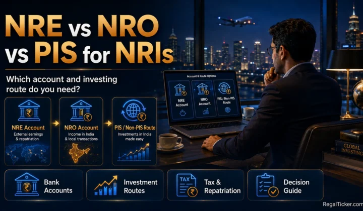 NRI investor comparing NRE and NRO bank accounts with PIS and non-PIS investment routes for investing in India