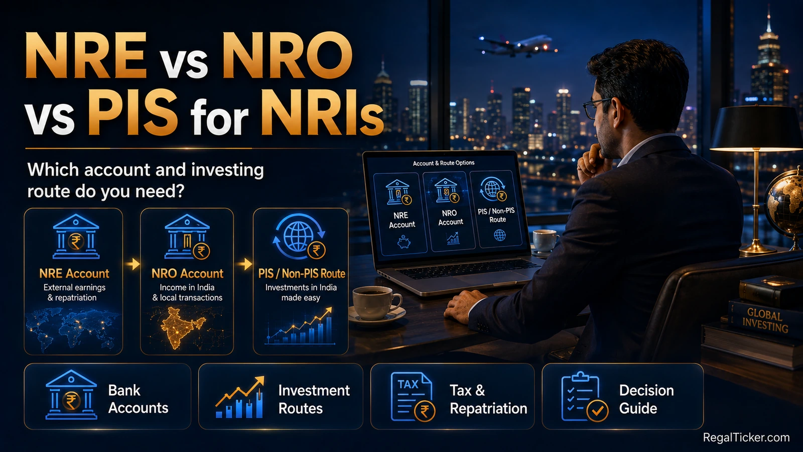 NRI investor comparing NRE and NRO bank accounts with PIS and non-PIS investment routes for investing in India