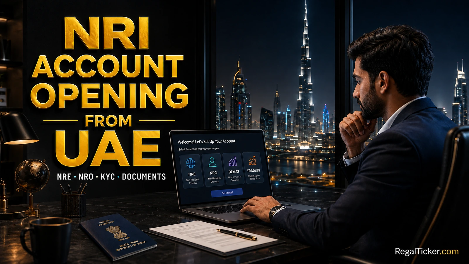 NRI professional in Dubai preparing to open an Indian NRE or NRO account with KYC documents and investing setup