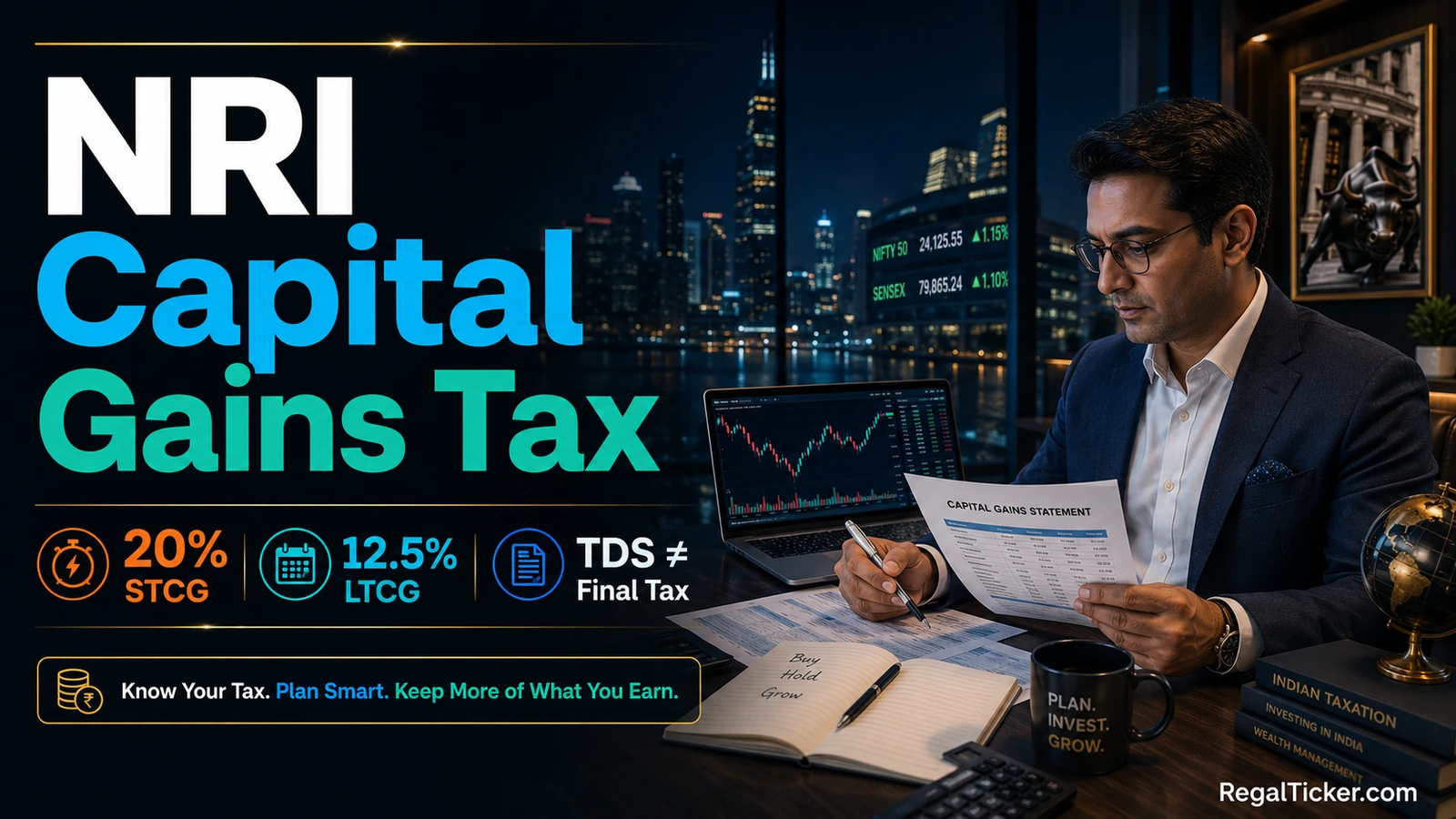 NRI investor reviewing Indian share capital gains tax with 20 percent STCG 12.5 percent LTCG and TDS versus final tax