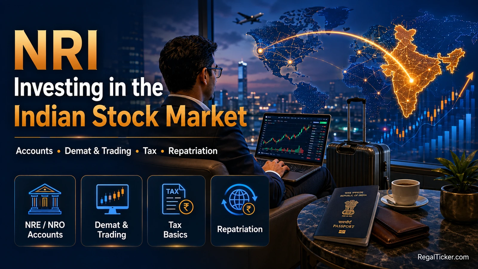 NRI investor learning how to invest in the Indian stock market using NRE or NRO banking, Demat and trading accounts, tax planning and repatriation