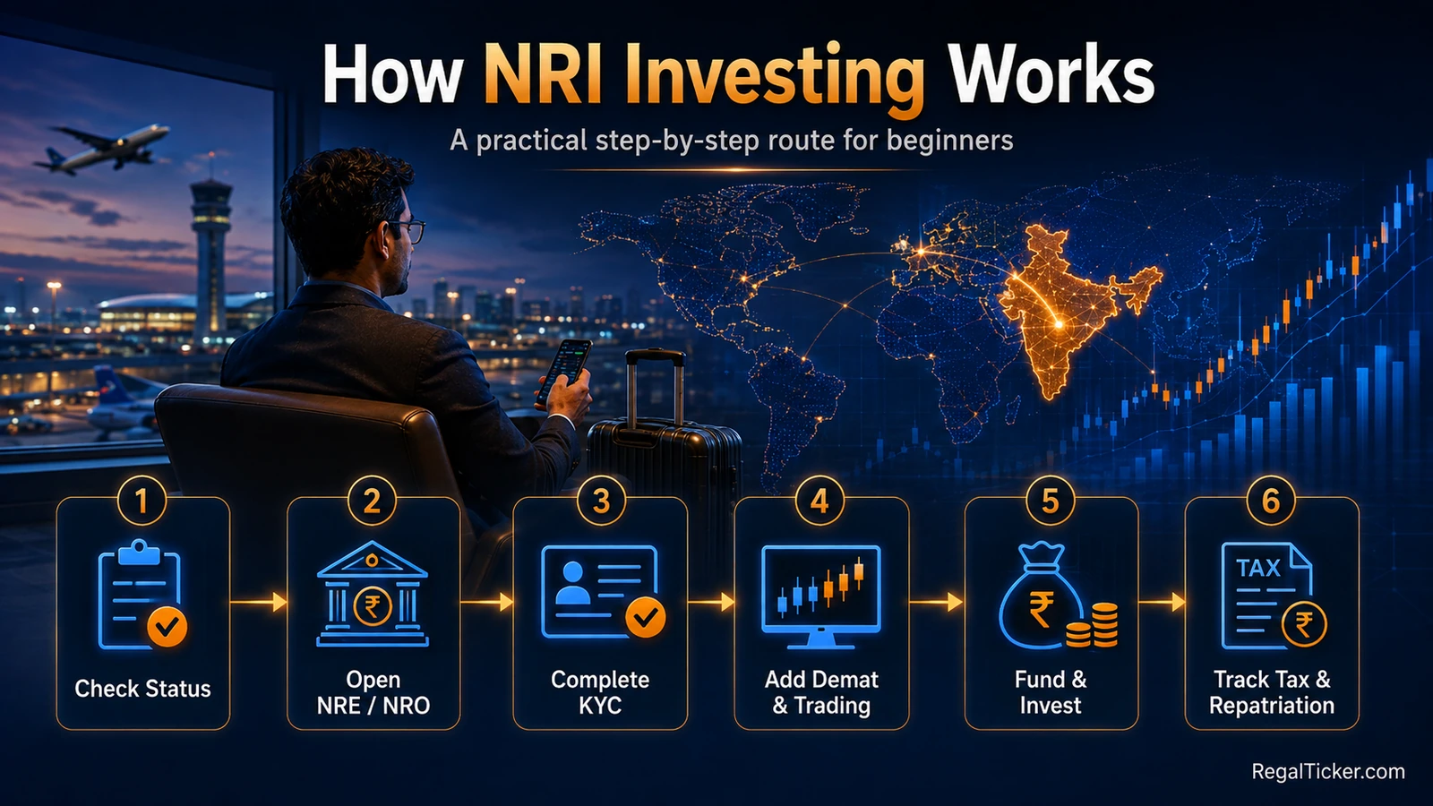Six-step process showing how NRI investing in the Indian stock market works from status check to tax and repatriation