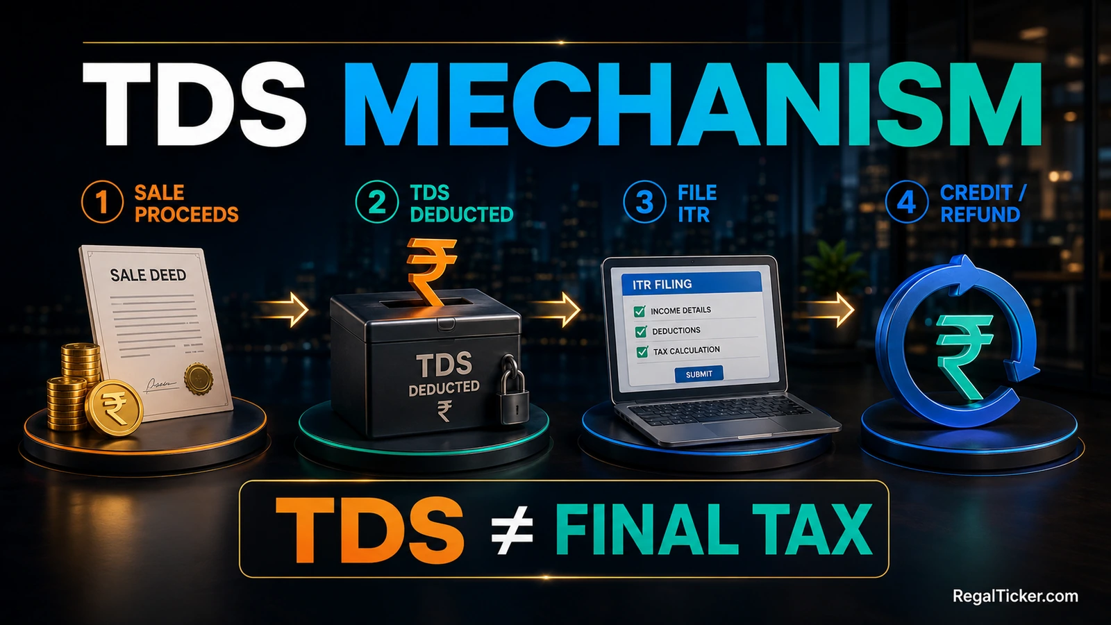 NRI TDS mechanism showing share sale proceeds withholding ITR filing and tax credit or refund