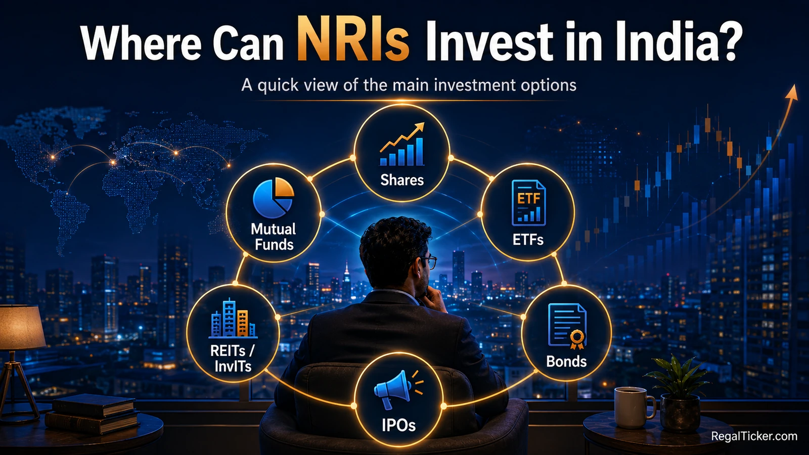 Investment options for NRIs in India including shares, mutual funds, ETFs, IPOs, bonds, REITs and InvITs