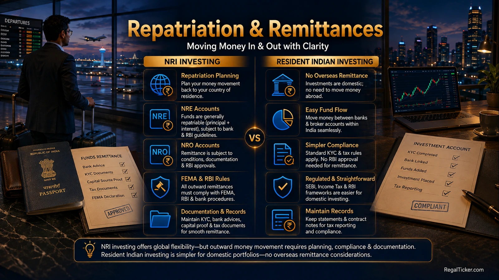 NRI vs resident Indian repatriation and remittance comparison covering NRE, NRO, FEMA, bank documentation and overseas money movement