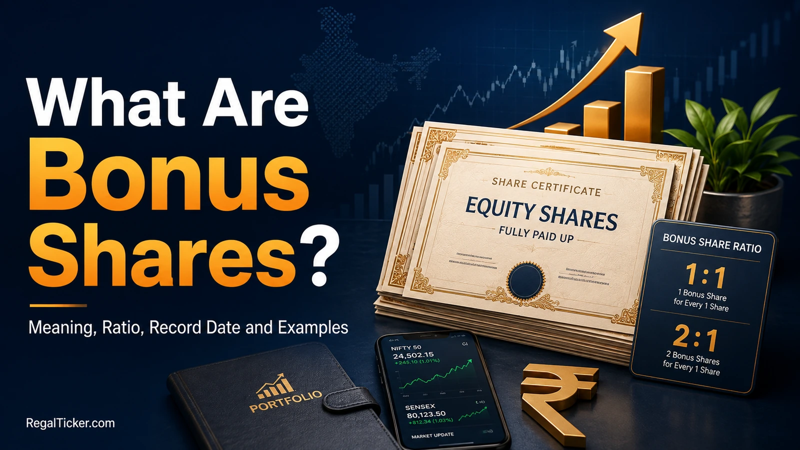 Bonus shares explained with share certificates, a one-to-one bonus ratio, portfolio holdings and an Indian rupee symbol.
