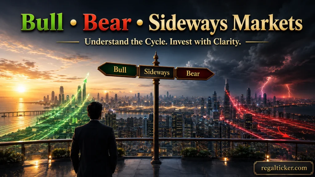 Bull bear and sideways markets shown as three different stock market phases with rising falling and range-bound price behaviour