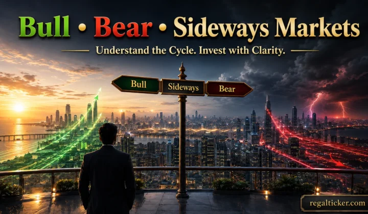 Bull bear and sideways markets shown as three different stock market phases with rising falling and range-bound price behaviour