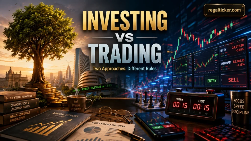 Investing vs trading shown as two different stock market approaches with long-term wealth building on one side and active trading execution on the other