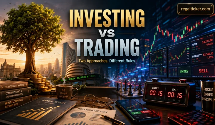 Investing vs trading shown as two different stock market approaches with long-term wealth building on one side and active trading execution on the other