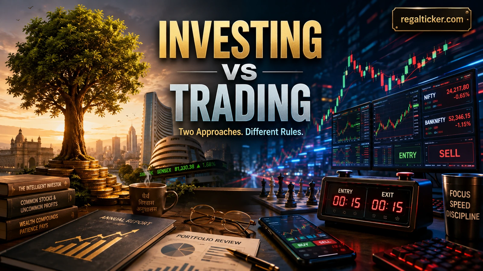 Investing vs trading shown as two different stock market approaches with long-term wealth building on one side and active trading execution on the other