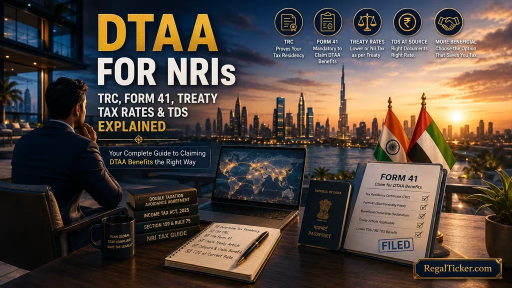 NRI investor reviewing DTAA TRC Form 41 and Indian tax documents for treaty relief